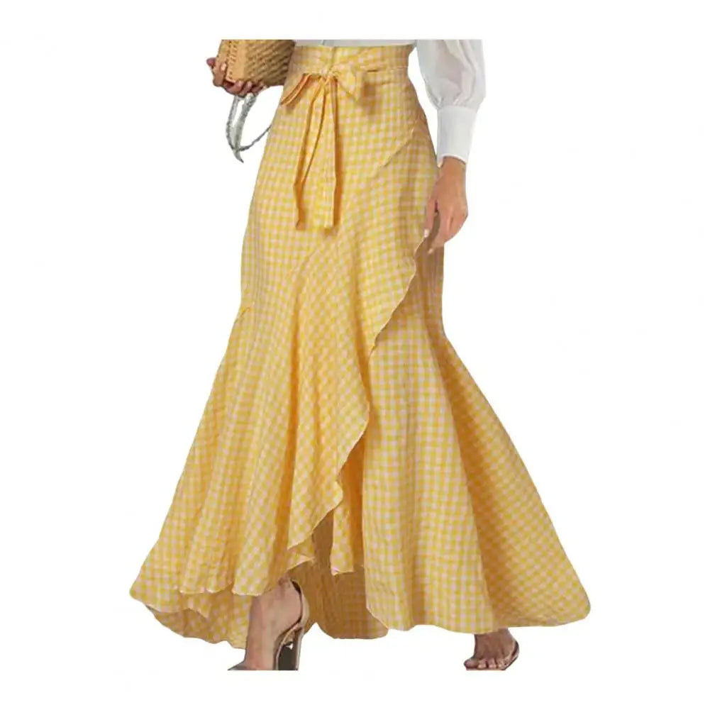 Breathable Skirt Elegant Lace-up Ruffle Trim Maxi Skirt with Plaid Print Bow Tie Detail High Waist Irregular Hem Skirt for Women Yellow