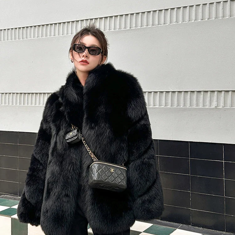 Autumn Winter Black Thick Warm Soft Hairy Shaggy Faux Fox Fur Coat Women Stand Collar Luxury Designer Fluffy Jacket 2024 Black