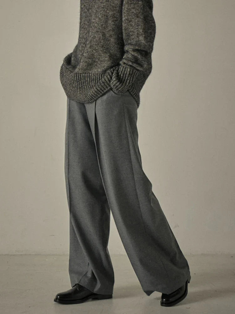 [LANMREM] Office Lady Pleated High Waist Pants For Women Spring New Solid Wide Leg Trousers Fashion Clothing 26D8020 Gray