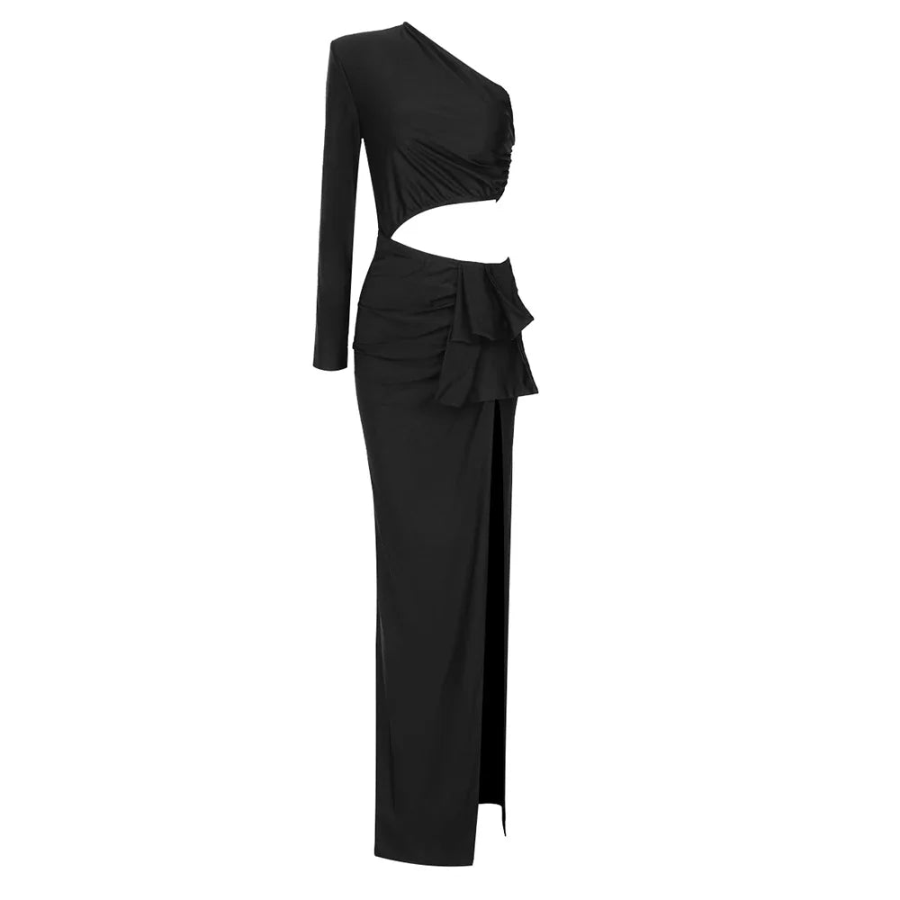Black Long Dress Women Diagonal Collar One-Shoulder High Slit Ruched Design Evening Party Dress 2022 Autumn Winter New black