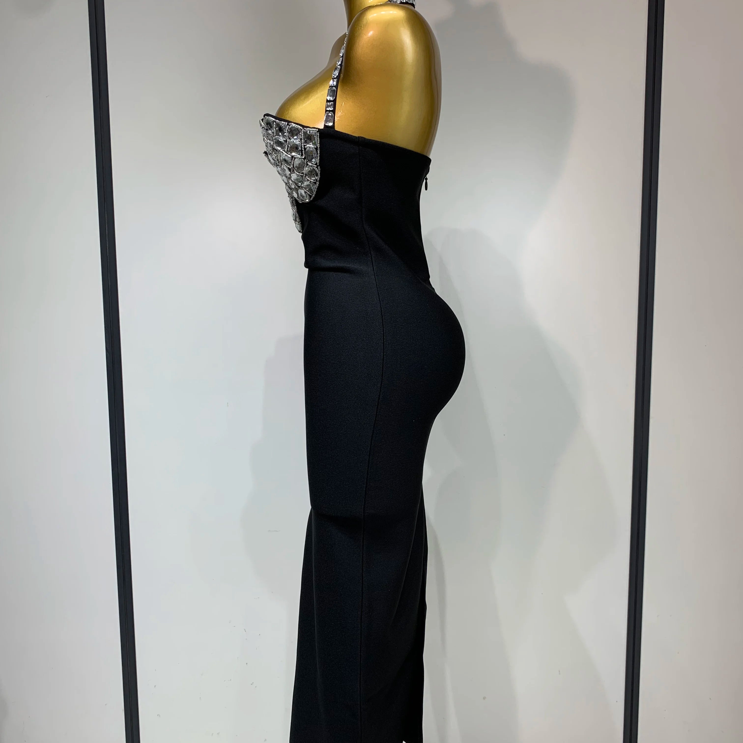 Women Sexy Halter Backless Diamonds Black Sleeveless Bodycon Bandage Dress Evening Club Party Gowns Luxury Birthday Dress