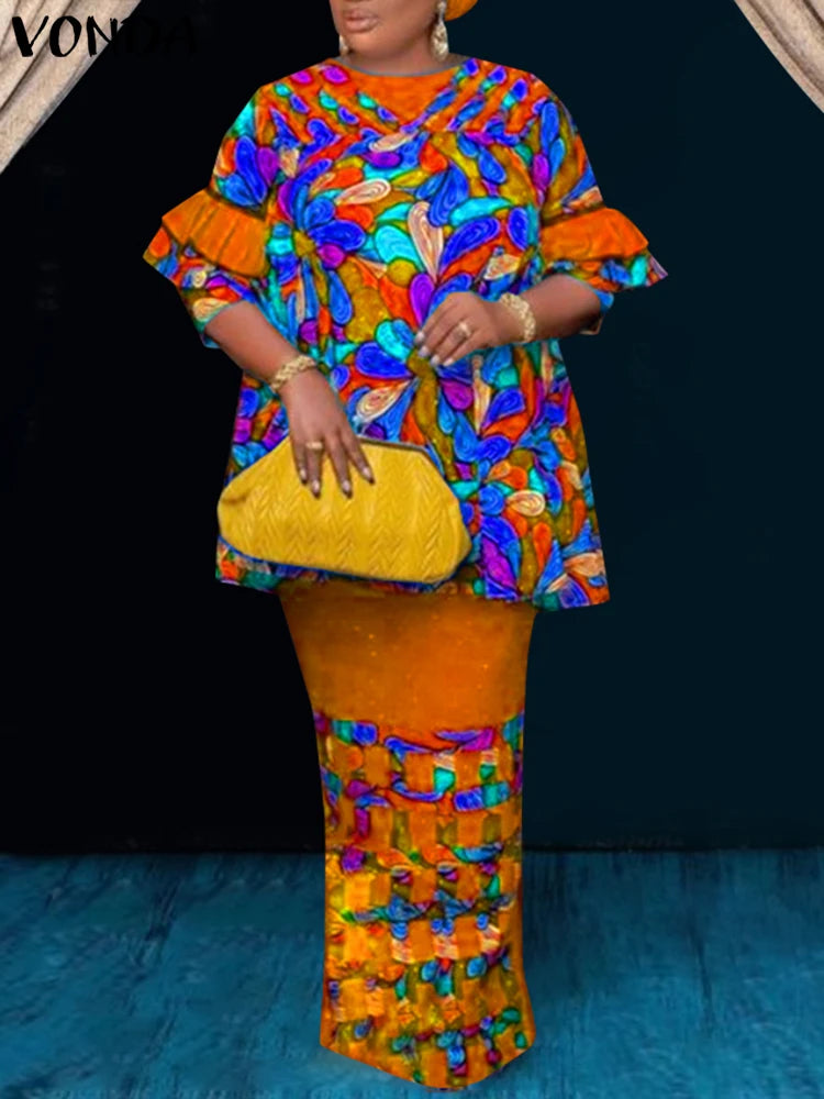 Plus Size 5XL VONDA Women Sets Vintage Dress Suits Fashion Flare Sleeve Floral Printed Tops And A Line Skirts 2025 Matching Sets Orange