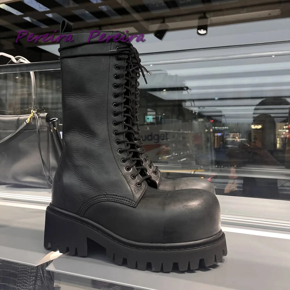 Hot Sale Leather Boots Lace Up Big Round Toe British Style Height Increasing Square Heel Solid Winter Mid-Calf Shoes New Trend