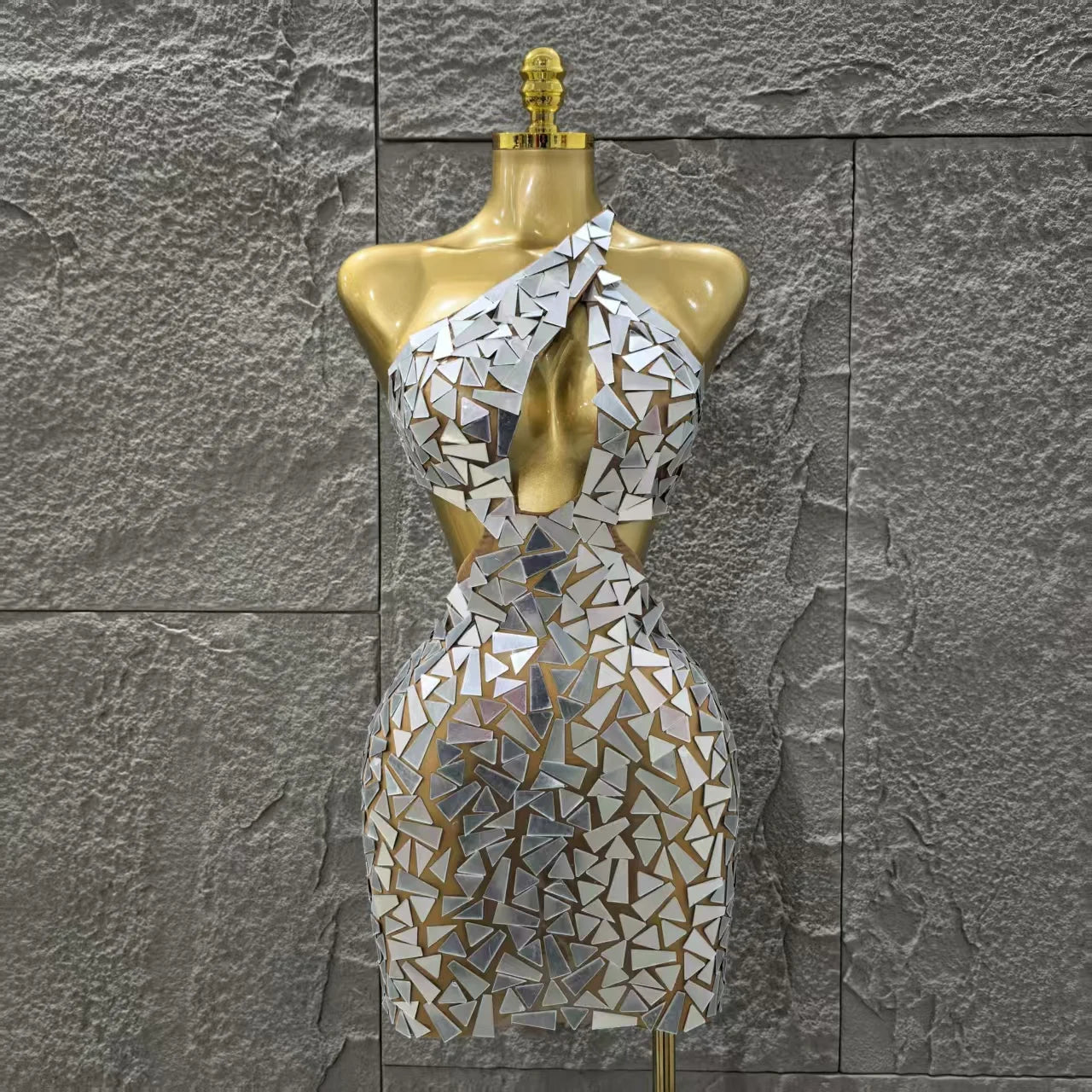 Silver Color Women Sexy One Shoulder Shinning Mirrors Bodycon Mini Dress Nightclub Party Celebrate Birthday Photo Shoot Dress