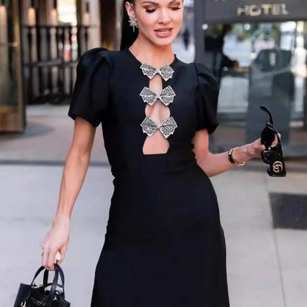 2024 Sexy Women's Water Diamond Butterfly Knot Design Bandage Dress O-Neck Bubble Short Sleeve Hollow Bodycon Mini Dress Vestido
