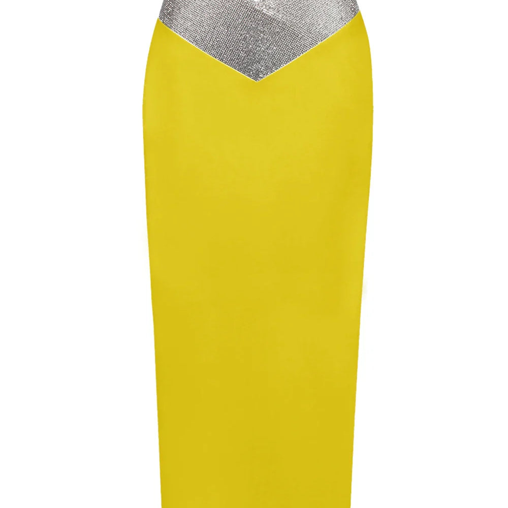 Women Crystal Diamonds White Black Bodycon Midi Bandage Skirt Designer High Waist Party Club Pencil Skirt 77cm Yellow