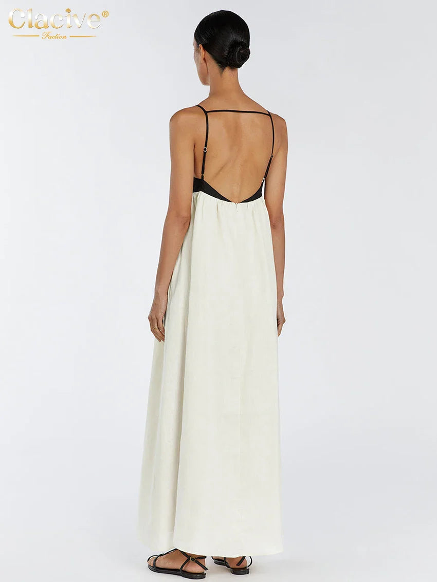 Clacive Sexy Loose Beige Cotton Women'S Dress Summer Strap Sleeveless Ankle Length Dresses Elegnat Classic Female Dress