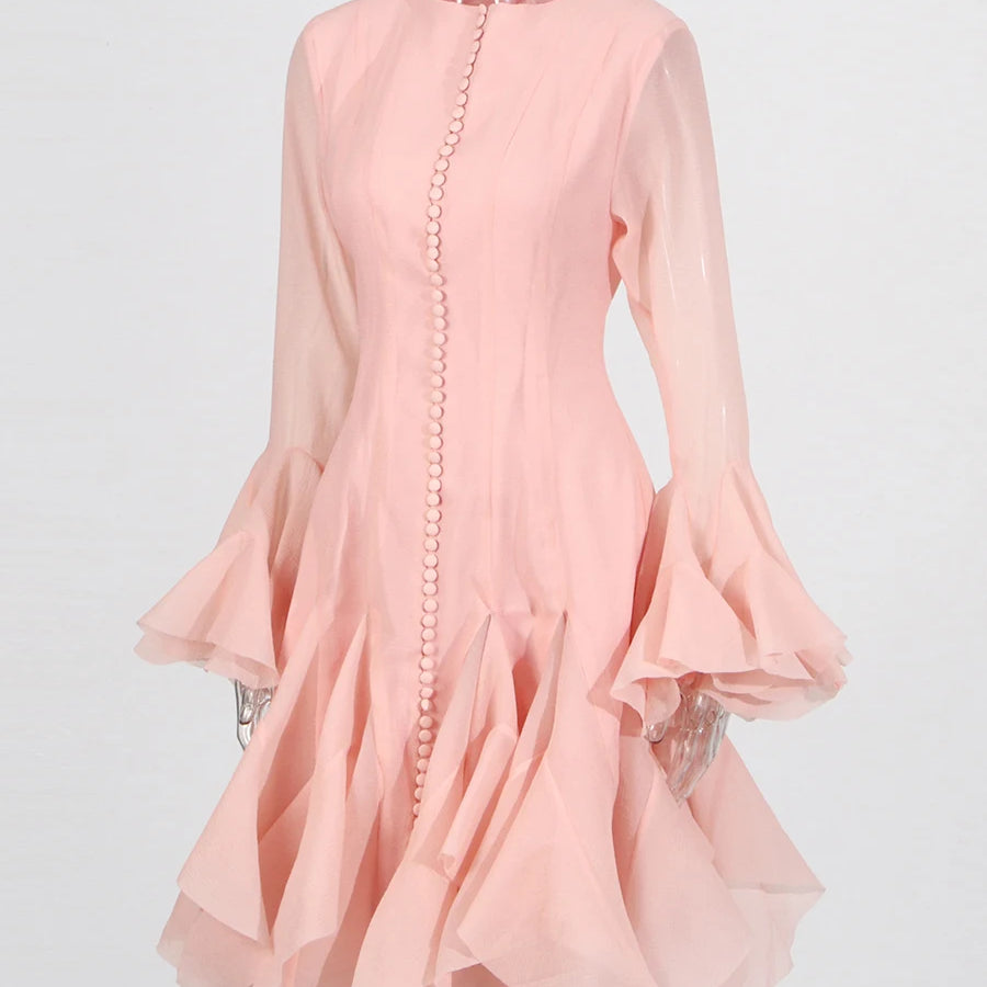 Solid Spliced Button Slimming Dresses For Women O Neck Long Sleeve High Waist Patchwork Ruffles Female Fashion New