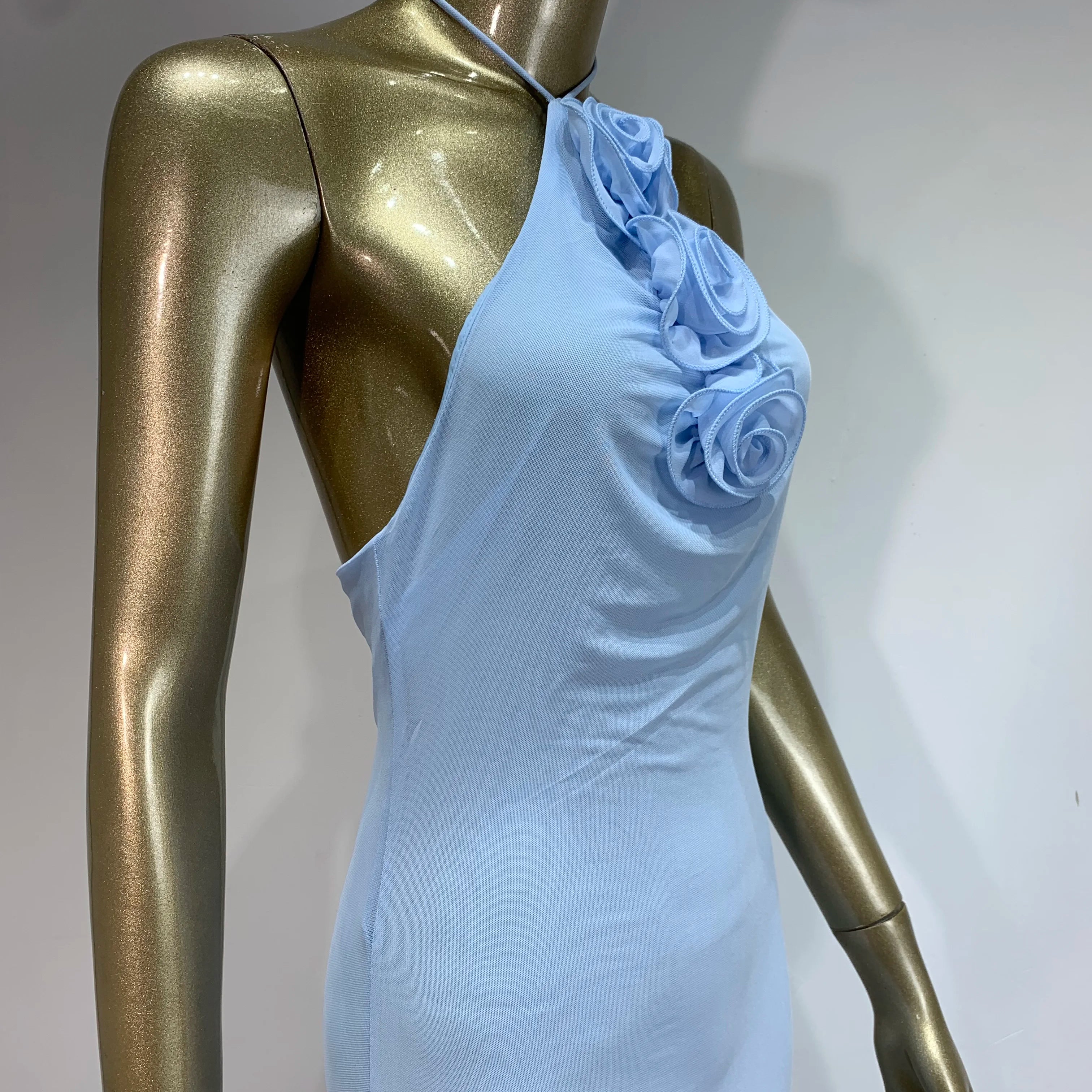 Women Celebrity Sexy Backless Halter Flower Sky Blue Maxi Long Gowns Dress 2024 Elegant Evening Party Club Dress Vestido