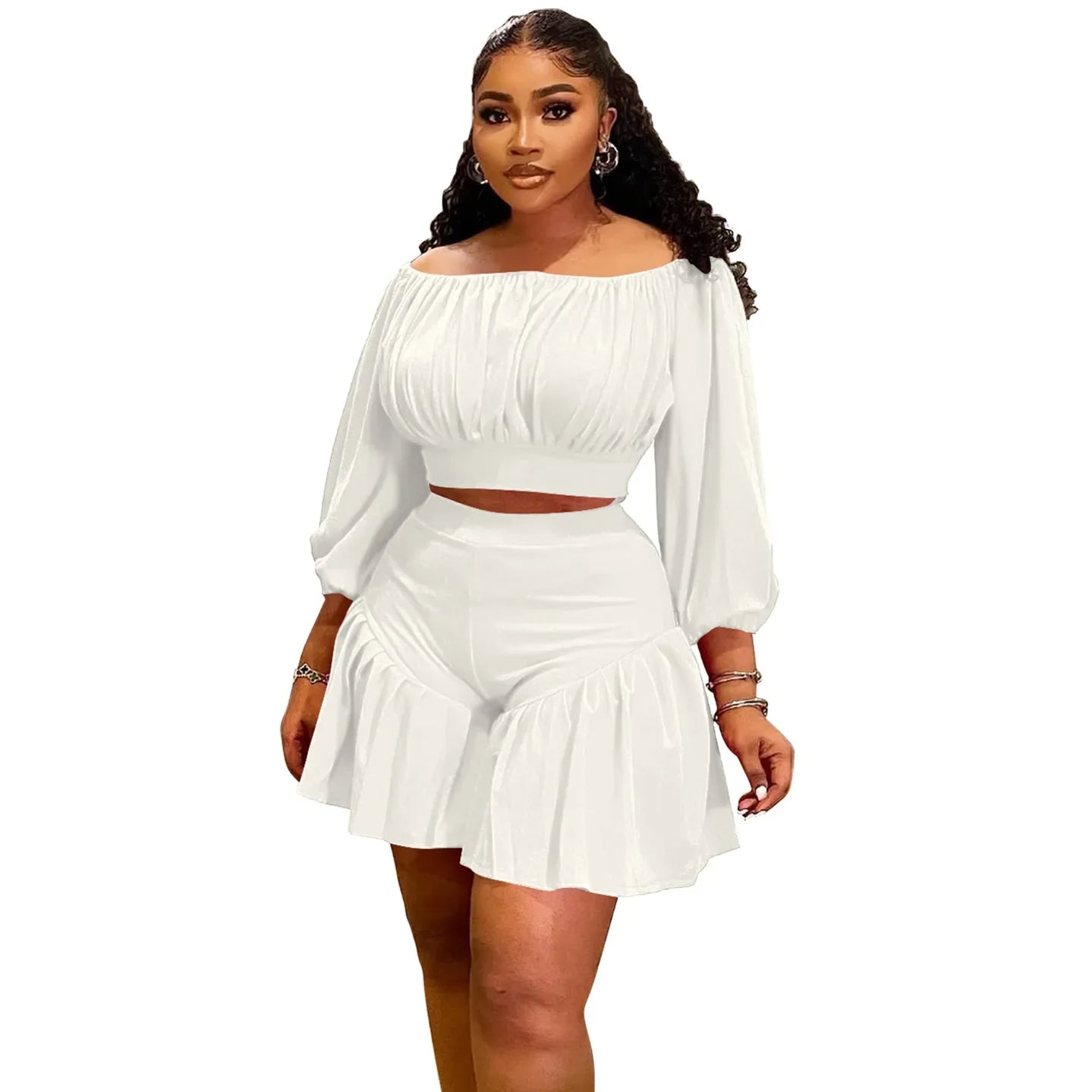 Plus Size Women's Set Long Sleeve Slash Neck T-Shirt and Shorts 2025 Summer Ruched Two 2 Piece Set Outfits Tracksuit Beige