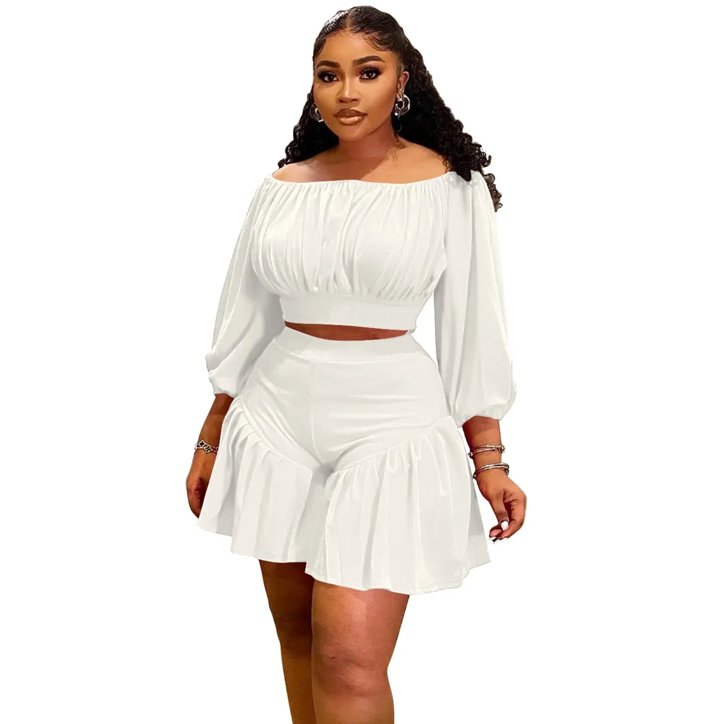 Plus Size Women's Set Long Sleeve Slash Neck T-Shirt and Shorts 2025 Summer Ruched Two 2 Piece Set Outfits Tracksuit Beige