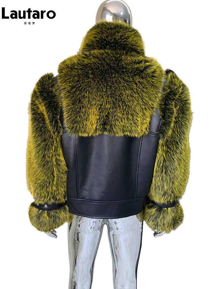 Lautaro Winter Cool Thick Warm Color Block Faux Fur Coat Men Stand Collar Luxury Zip Up Fluffy Jacket Runway European Fashion