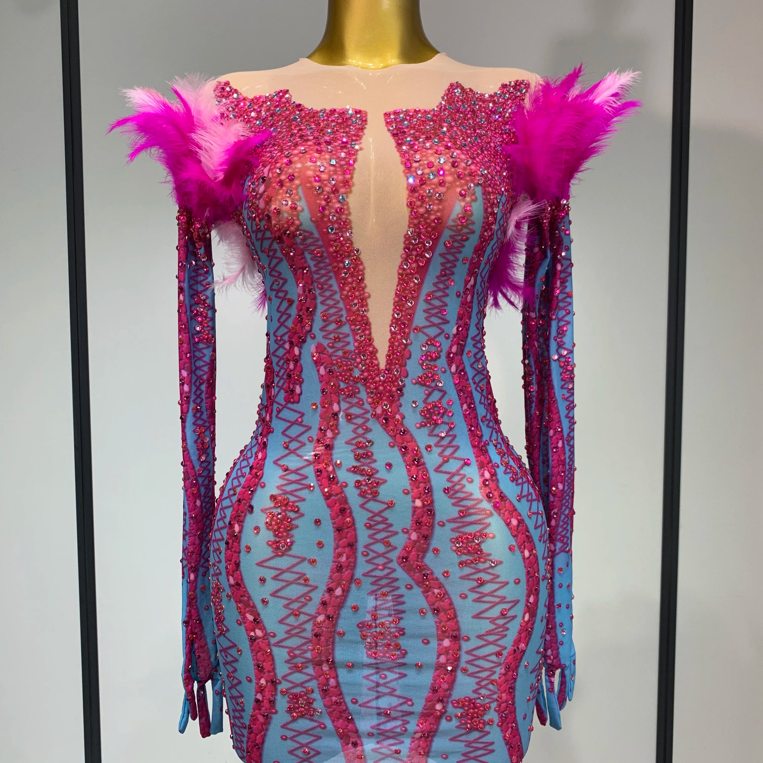 Women Sexy Mesh See Through Diamond Feather Dress 2025 Elegant Evening Party Luxury Birthday Nightclub Performance Stage Costume MULTI