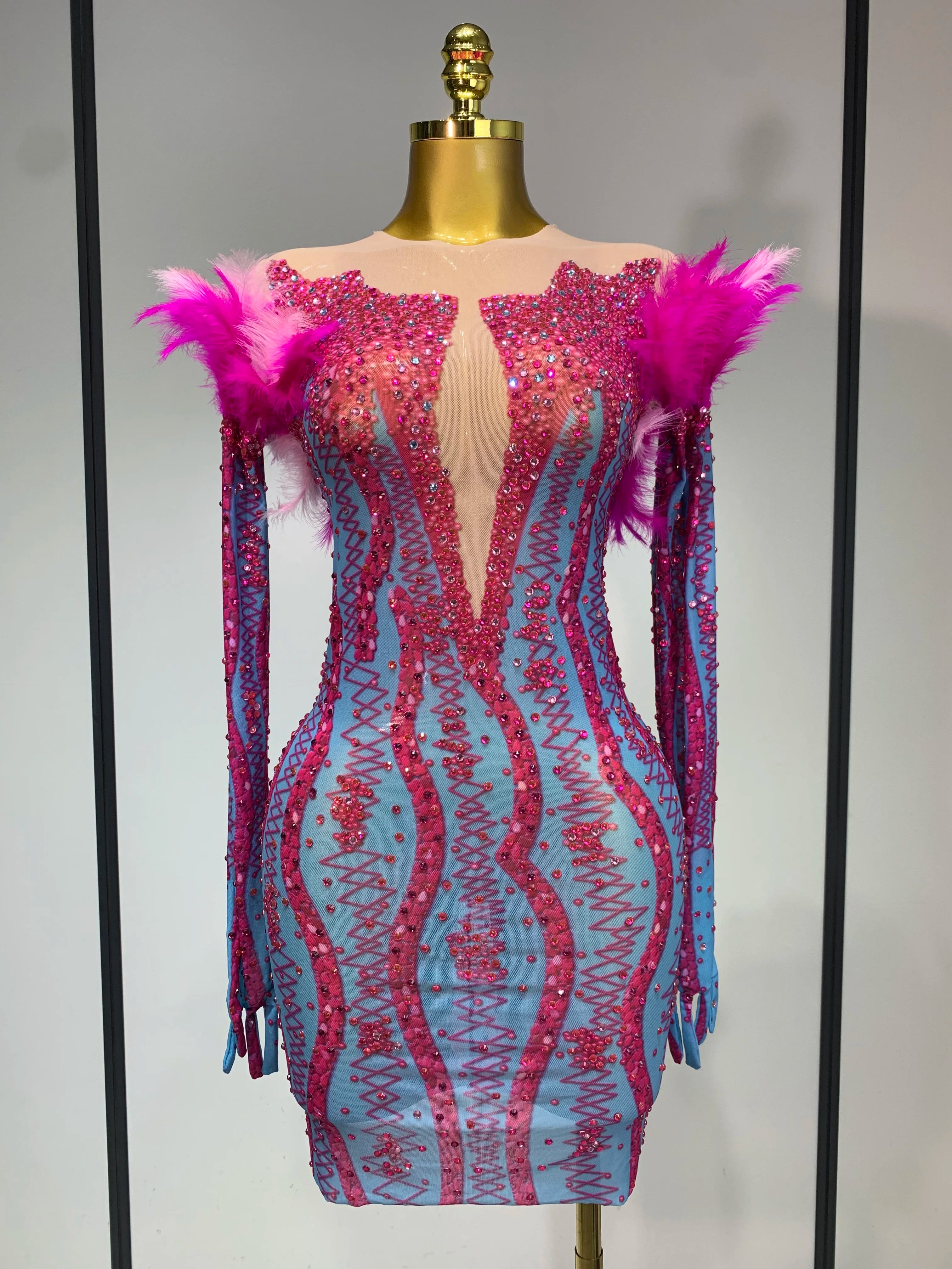 Women Sexy Mesh See Through Diamond Feather Dress 2025 Elegant Evening Party Luxury Birthday Nightclub Performance Stage Costume MULTI