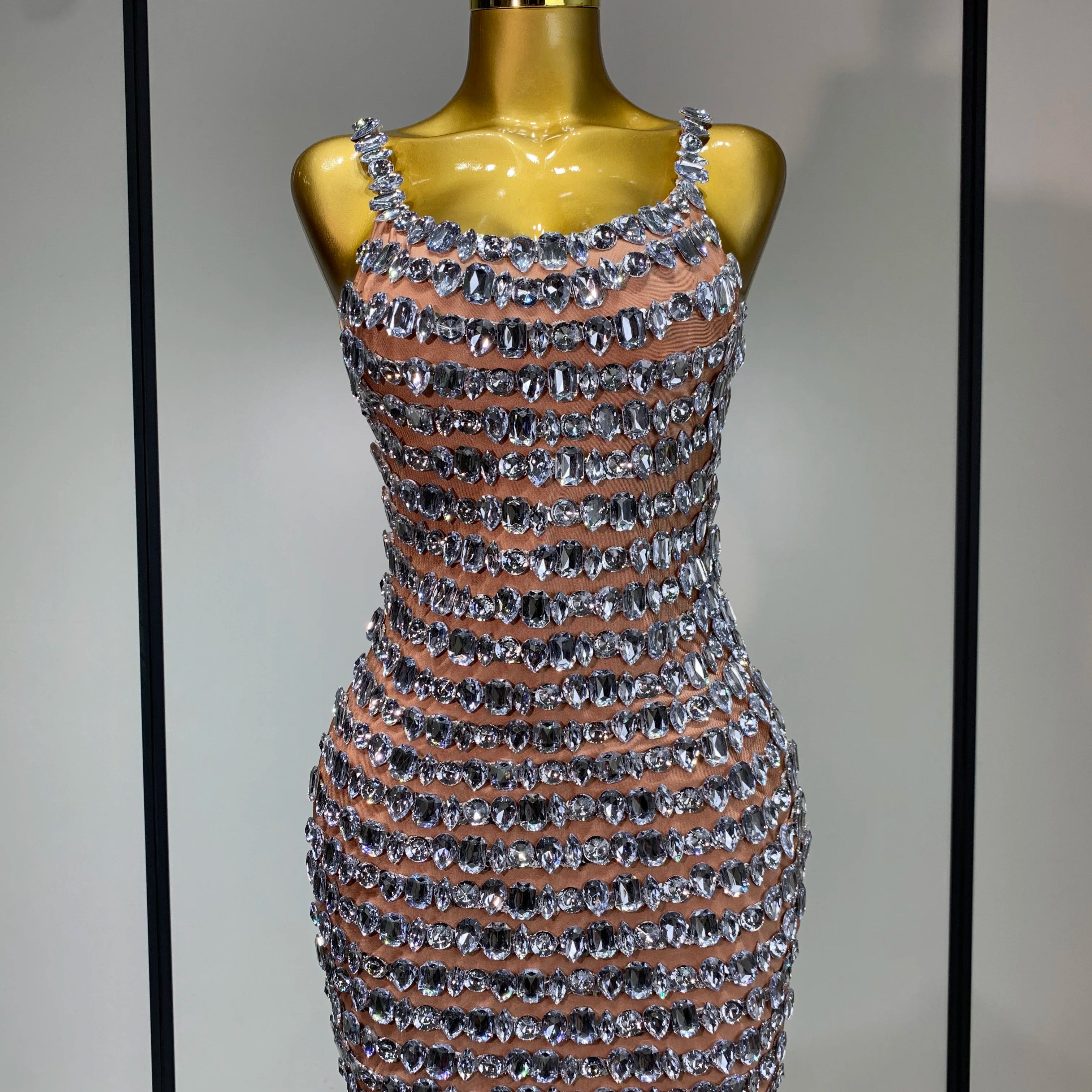 Sexy Sparkly Rhinestones Bodycon Short Dress Women Celebirty Elegant Evening Party Luxury Birthday Gown Photoshoot Stage Costume CORAL RED