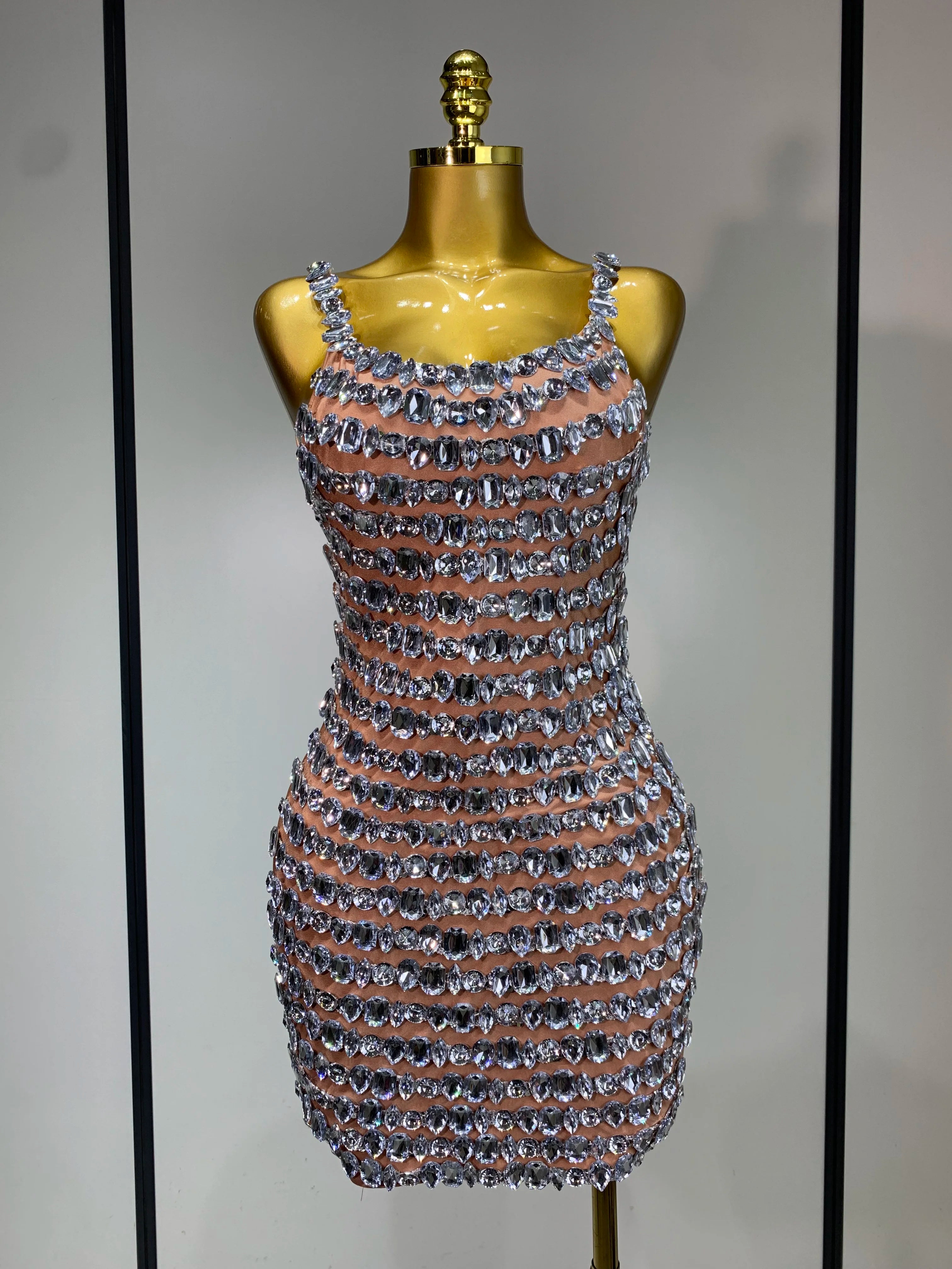 Sexy Sparkly Rhinestones Bodycon Short Dress Women Celebirty Elegant Evening Party Luxury Birthday Gown Photoshoot Stage Costume CORAL RED