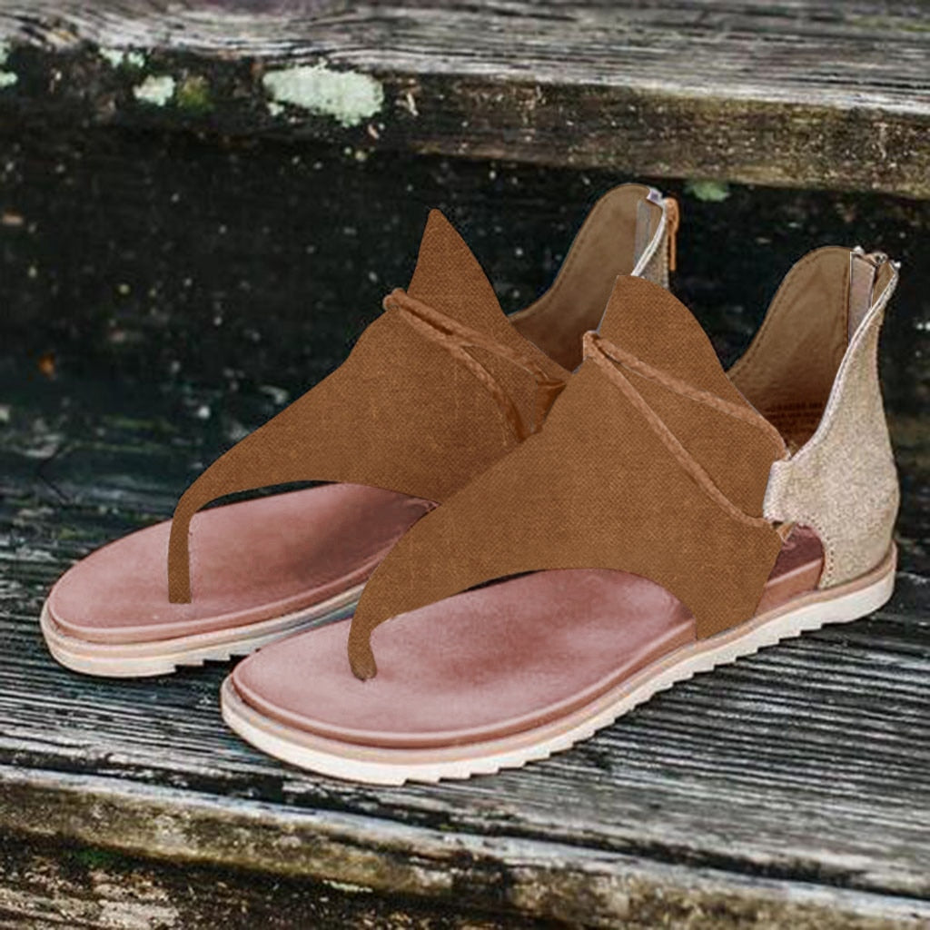 Women Summer Clip Toe Sandals Rear Zipper Comfortable Flats Shoes Lady Casual Mixed Colors Hollow Beach Sandalias Mujer 2024 Brown