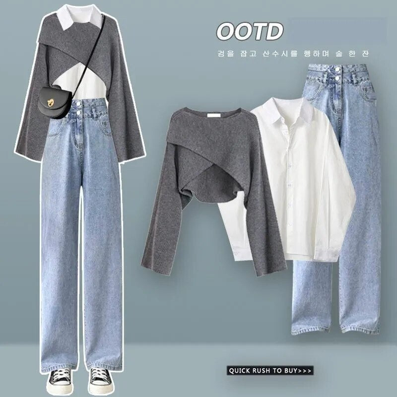 Women's Autumn Winter New Suit 2024 Fashion Knit Cross Sweater+Shirt+Jeans Three Piece Korean Elegant Denim Pants Matching Set Set 03