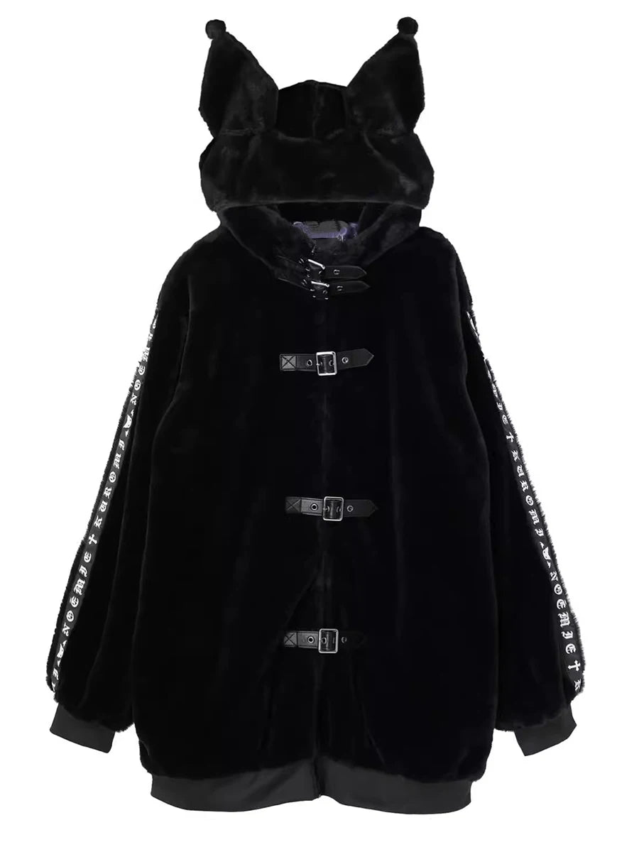 Lautaro Winter Oversized Sweet Cute Soft Black Faux Fur Coat Women with Bunny Ears Kawaii Loose Fluffy Jacket Hoodie Streetwear Black One Size