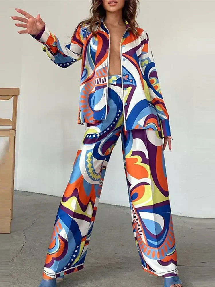 QNPQYX Fashion Printed Long Sleeve Shirt 2 Piece Set Women Loose Turndown Collar Tops Suits Female Casual Straight Pants Outfis
