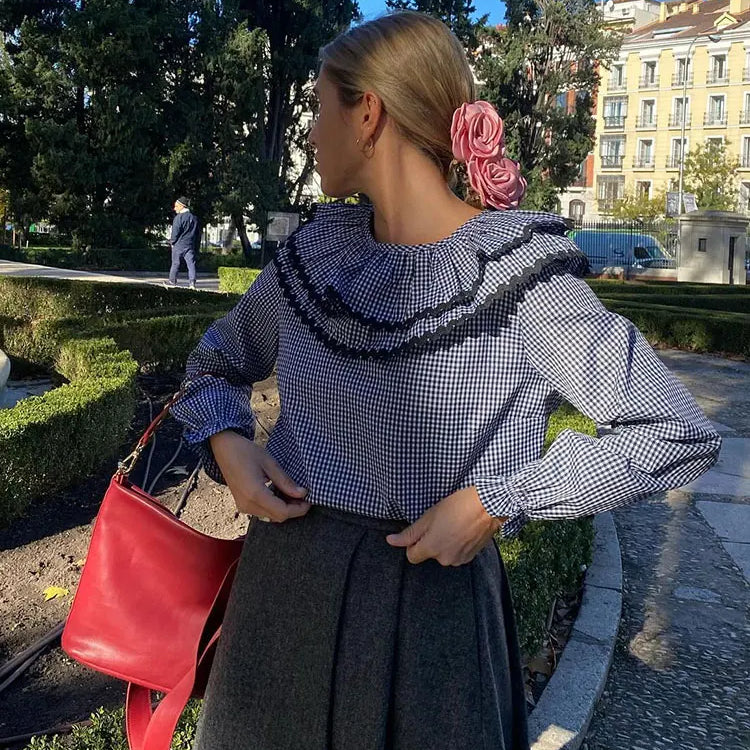 Spring Women Green Plaid Print Puff Sleeve T Shirt Elegant Casual Loose Ruffles O Neck Tops New Female Commute Streetwear As show 1