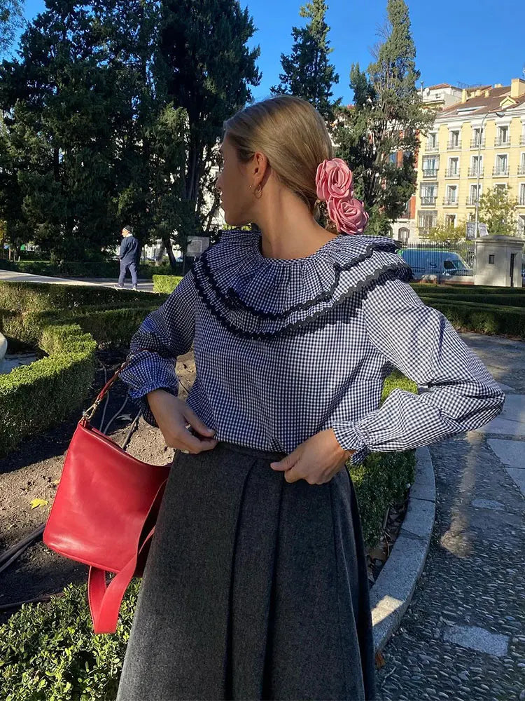 Spring Women Green Plaid Print Puff Sleeve T Shirt Elegant Casual Loose Ruffles O Neck Tops New Female Commute Streetwear As show 1