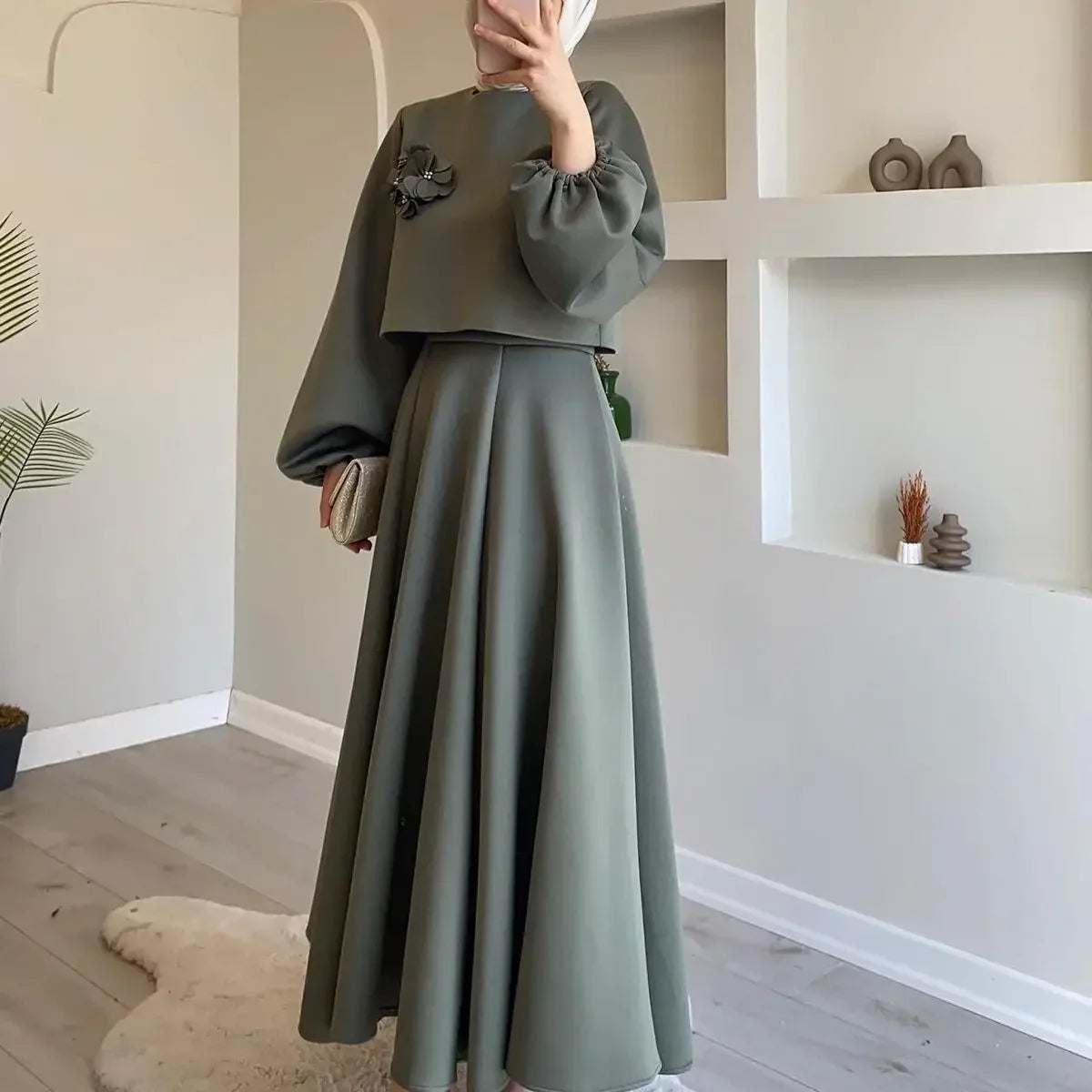 Ramadan Elegant 2 Piece Set Women Lantern Sleeve Flower Crop Top High Waist A-line Skirt Suit Spring Lady Abaya Turkey Sets Olive green