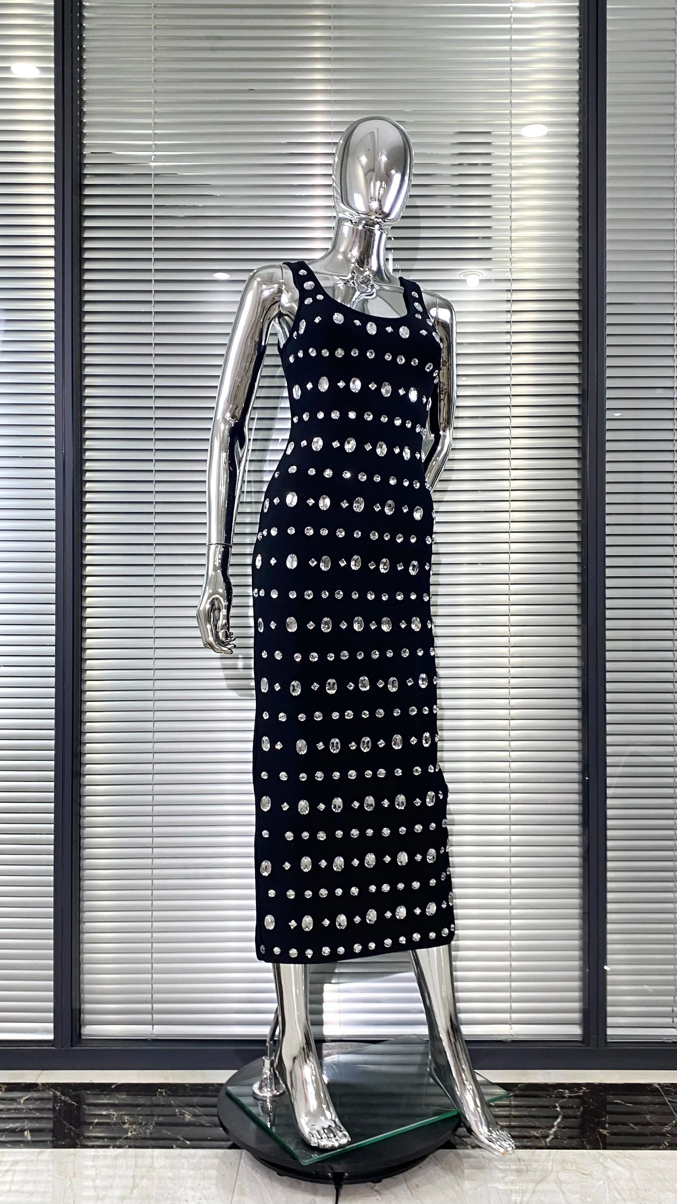 Sparkling Diamonds Sleeveless Package Black Bandage Ankle Length Dress Woman evening Party Dress Celebrity Birthday Party Outfit