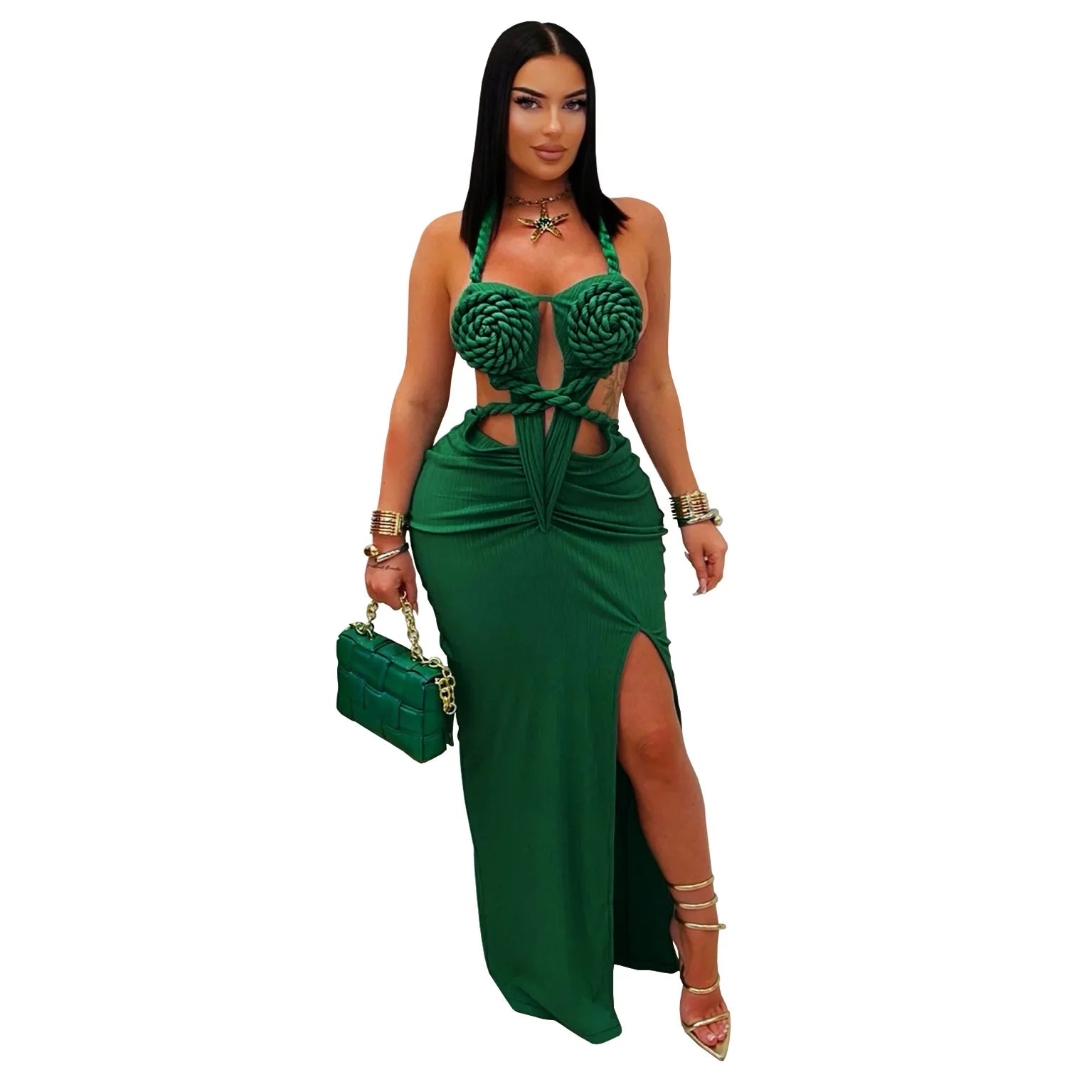 Women Hemp Rope Halter Neck Stacked Ruched High Split Knit Bodycon Midi Maxi Long Dress 2025 Birthday Sexy Party Dresses Dark Green