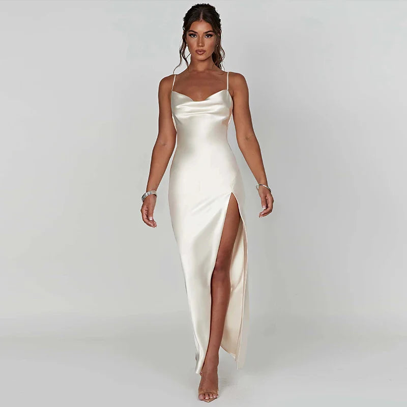 Spaghetti Strap White Long Satin Dress Elegant Party Dress For Women Summer High Slit Backless Formal Occasion Dresses Maxi