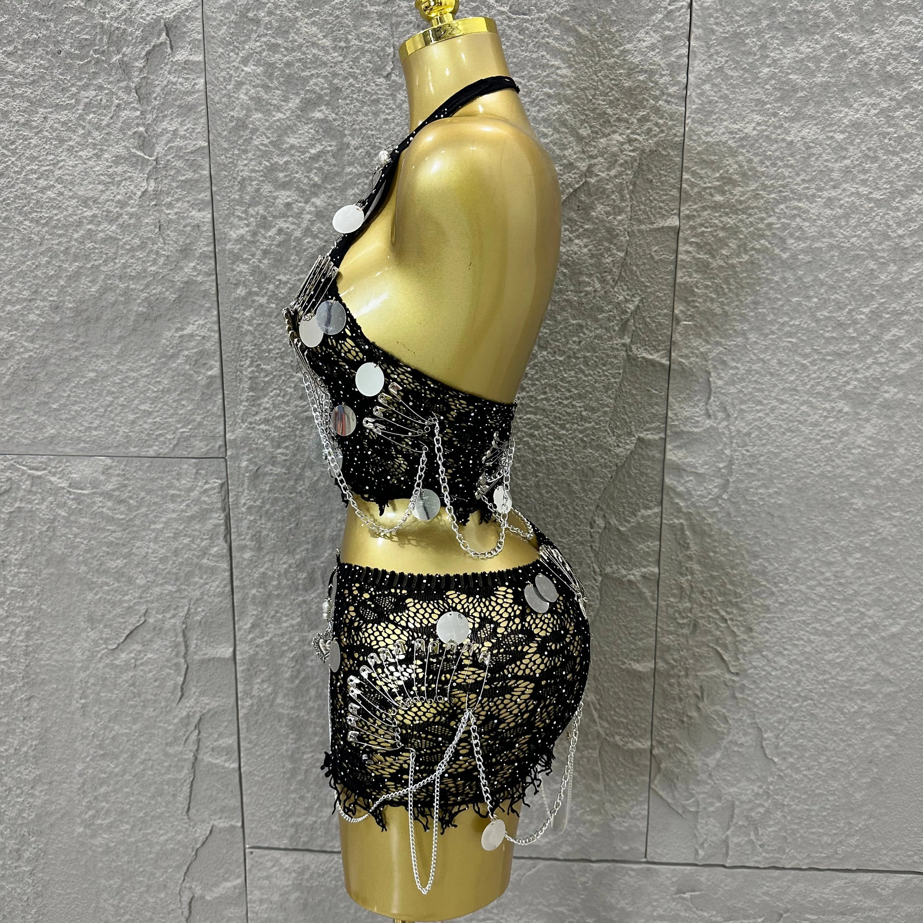 Women Sexy Safety Pin Lace Two Piece Set Halter Neck Sequin Embellished Crop Top & Mini Skirt Outfit Stage Performance Costume