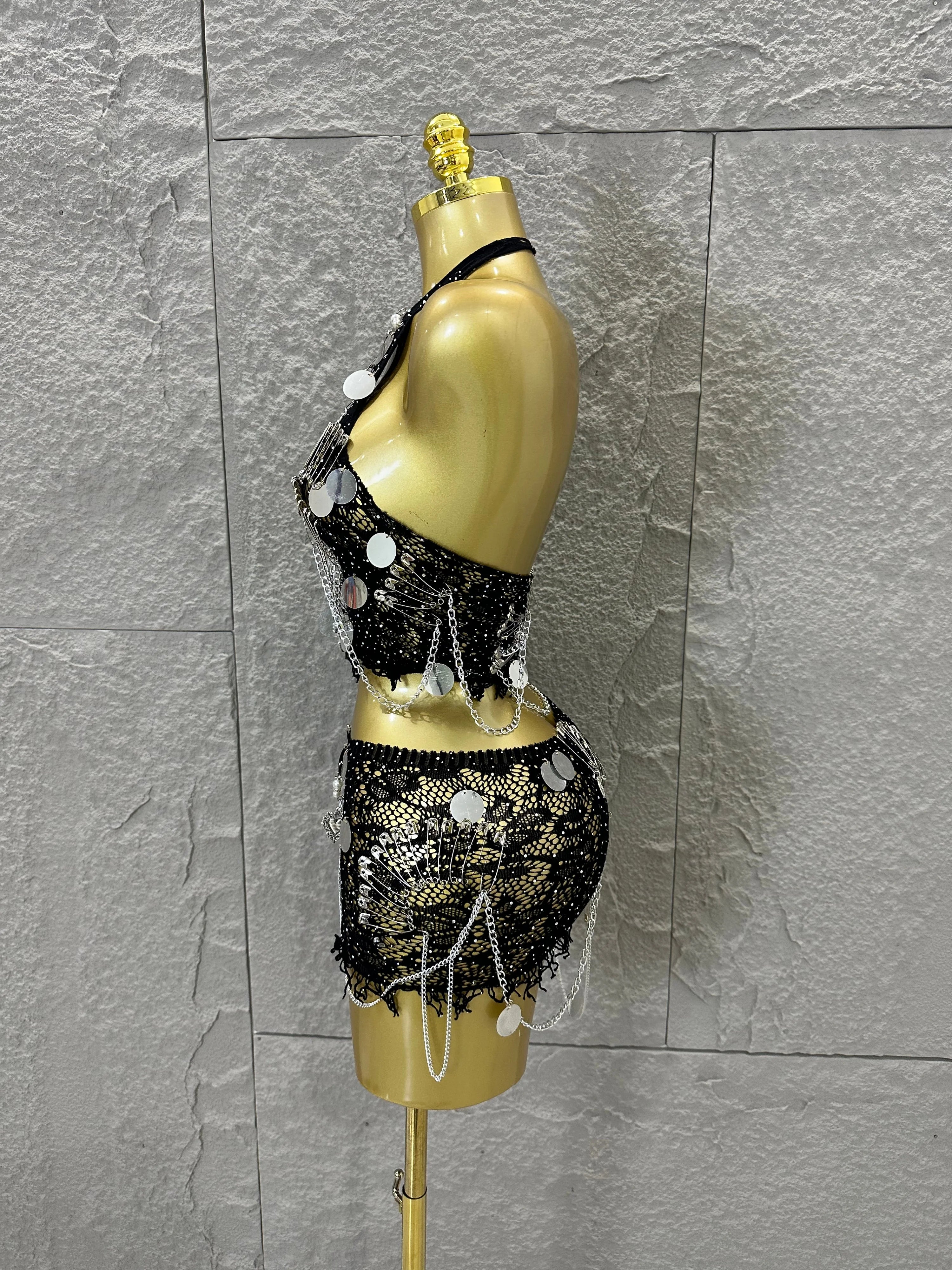 Women Sexy Safety Pin Lace Two Piece Set Halter Neck Sequin Embellished Crop Top & Mini Skirt Outfit Stage Performance Costume