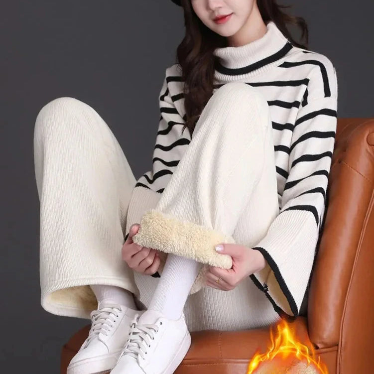 Winter Fleece Lined Wide Leg Pants CasualThicken Warm Baggy Sweatpants Women HighWaist Korean Lamb Fluff Straight Pantalones