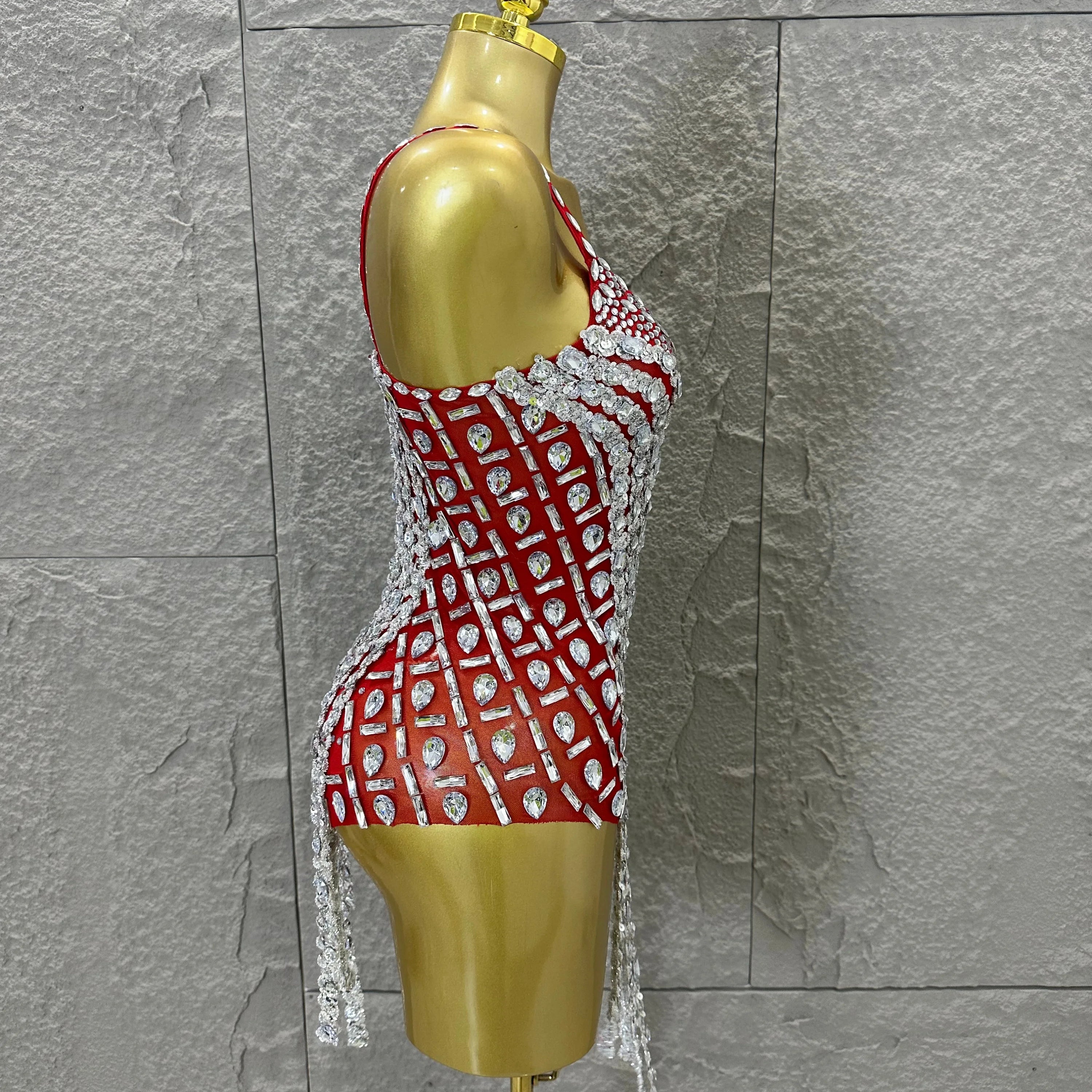 Sexy Sheer Mesh Bodysuit Women Spaghetti Strap V-Neck Full Crystal Embellished Fringe Bodycon Outfit Stage Performance Costume