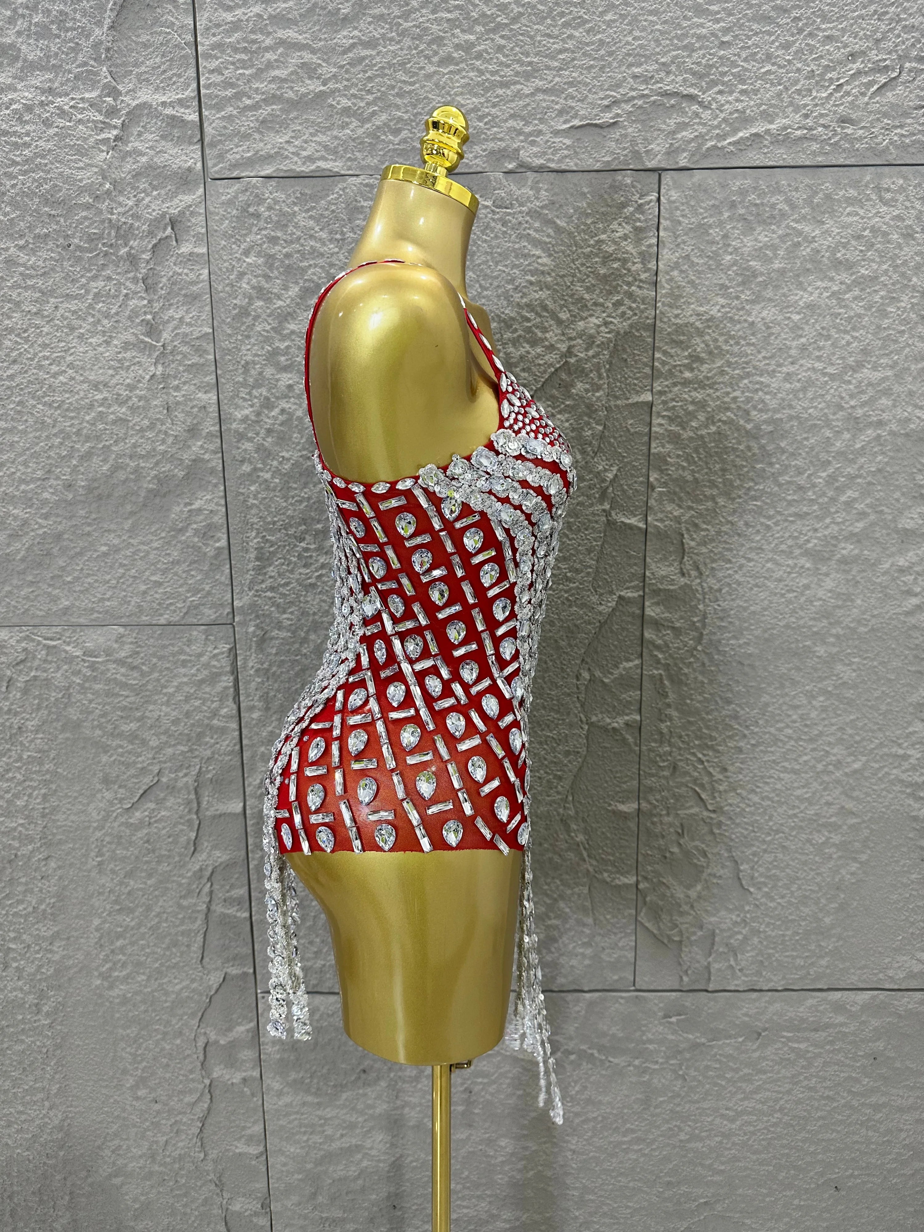 Sexy Sheer Mesh Bodysuit Women Spaghetti Strap V-Neck Full Crystal Embellished Fringe Bodycon Outfit Stage Performance Costume