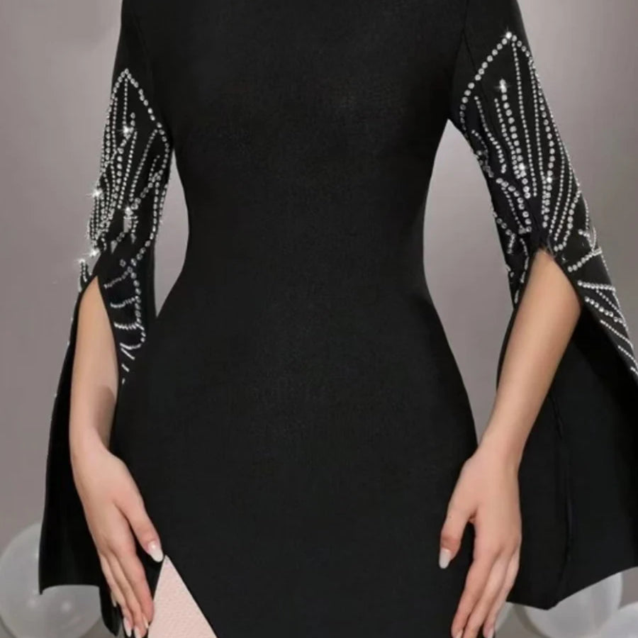 Solid Slimming Temperament Dresses for Women Round Neck Long Sleeves Patchwork Diamonds Dress Female Clothing New BLACK