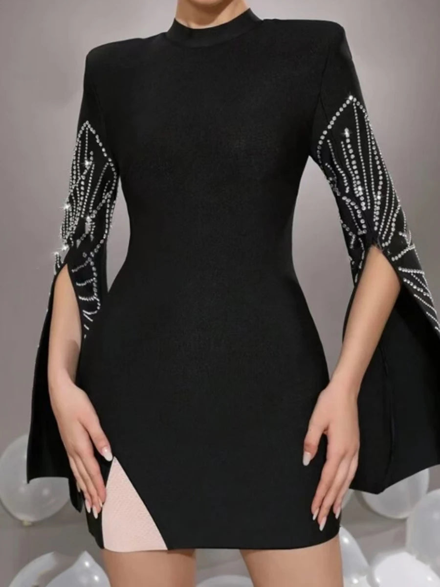 Solid Slimming Temperament Dresses for Women Round Neck Long Sleeves Patchwork Diamonds Dress Female Clothing New BLACK