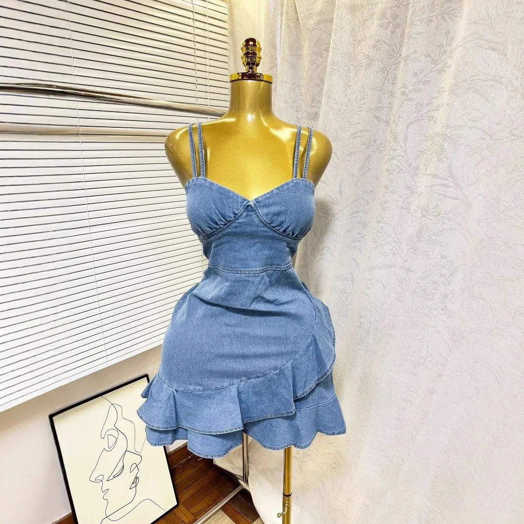 Women Spaghetti Strap V-neck Ruffles Hem Denim A-line Mini Dress 2025 Chic Birthday Night Club Party Vestidos Dresses Light Blue