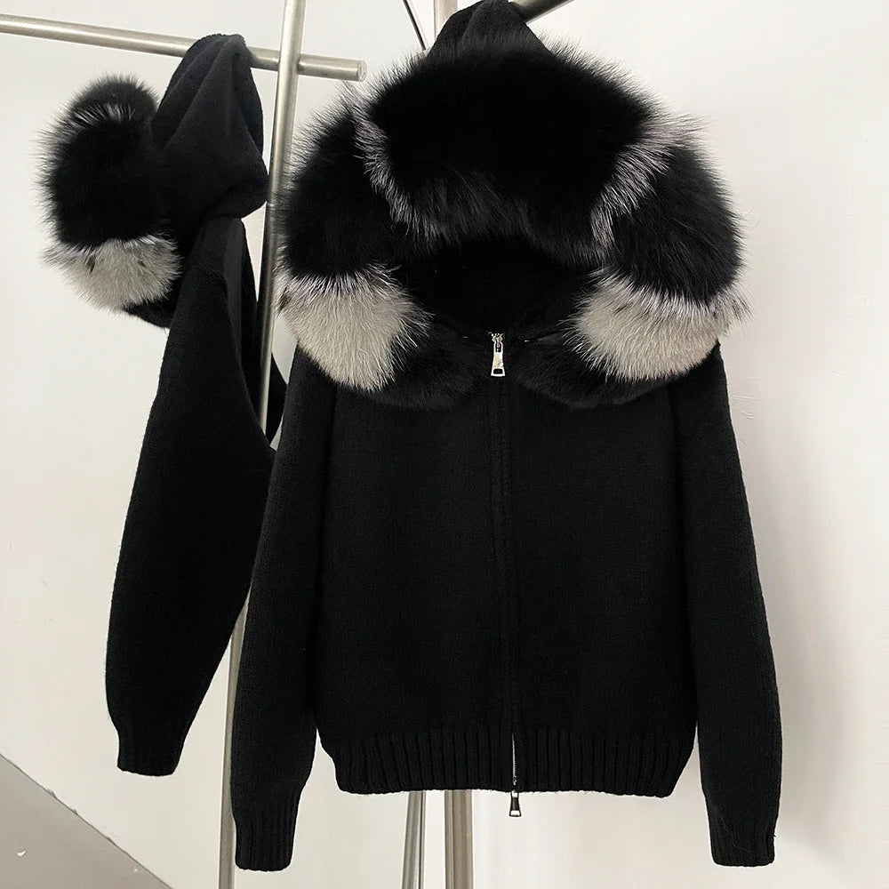 Coat Women Cardigan Natural Fox Fur Coat Women Real Mongolian Fur Knitwear Female Spring Autumn Hooded Knitted Fur Jacket Black pin fox One Size