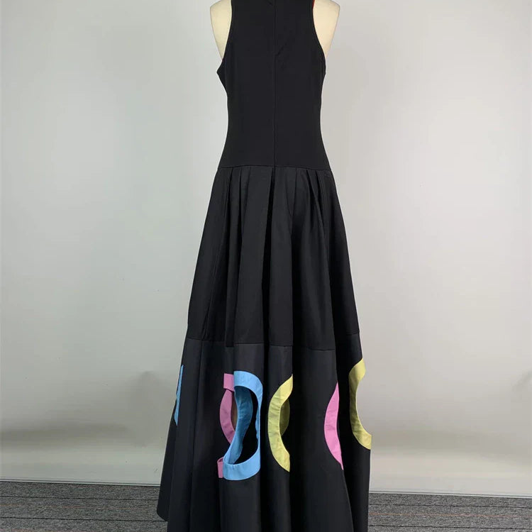 UOOZEE New Summer Women Elegant Party Evening Maxi Dresses Fashion Rainbow Printed Hollow High Waist A-line Long Dress