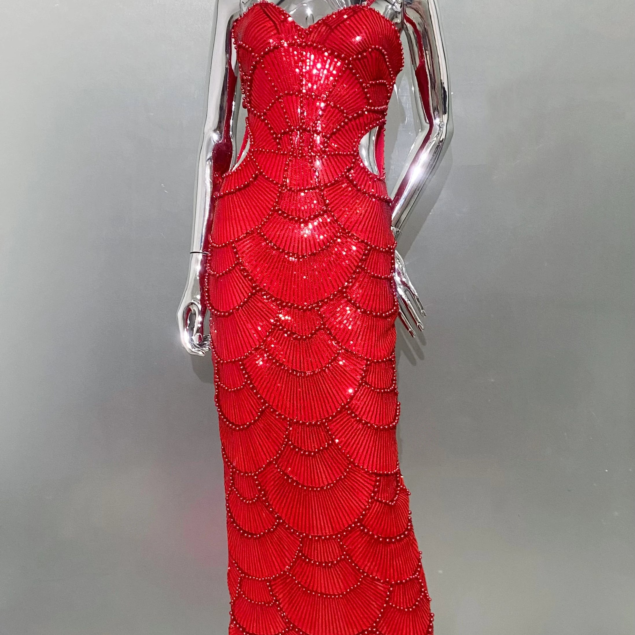 STOCK Shining Sequins Beading Hollow Out Spaghetti Strap Long Dress Woman Birthday Party Dress Sweet Dateing Outfit Red