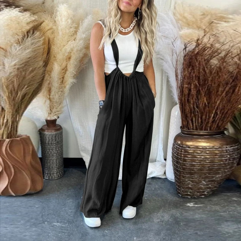 Retro Female Wide Leg Pants Pockets Overalls Fashion Summer Loose Streetwear Rompers 2024 Women Casual Sling All-Match Jumpsuits