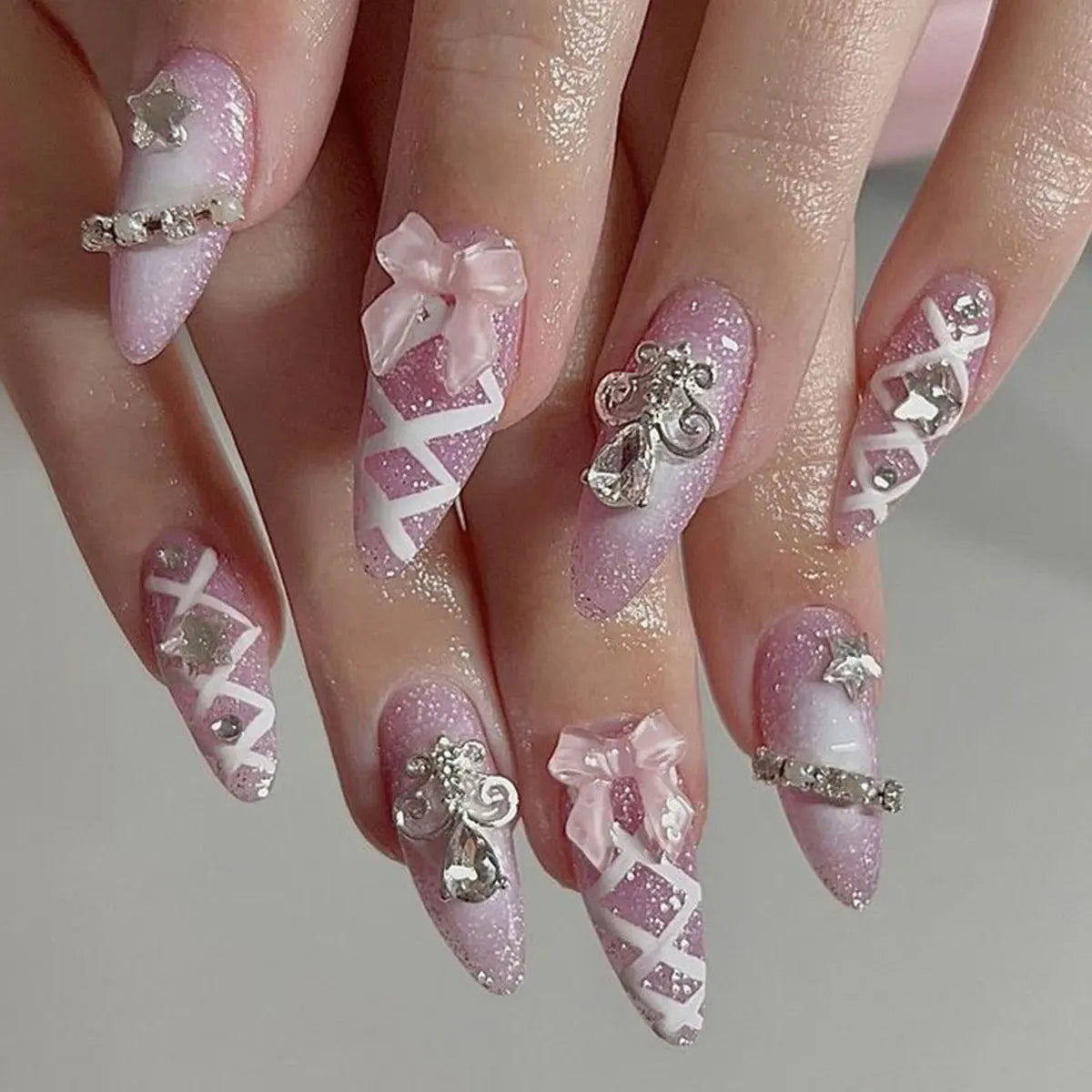 24pcs/set fake nails for women girls 3D embossed flowers cute pink blue leopard print Almond Square tips press on false nail 2817