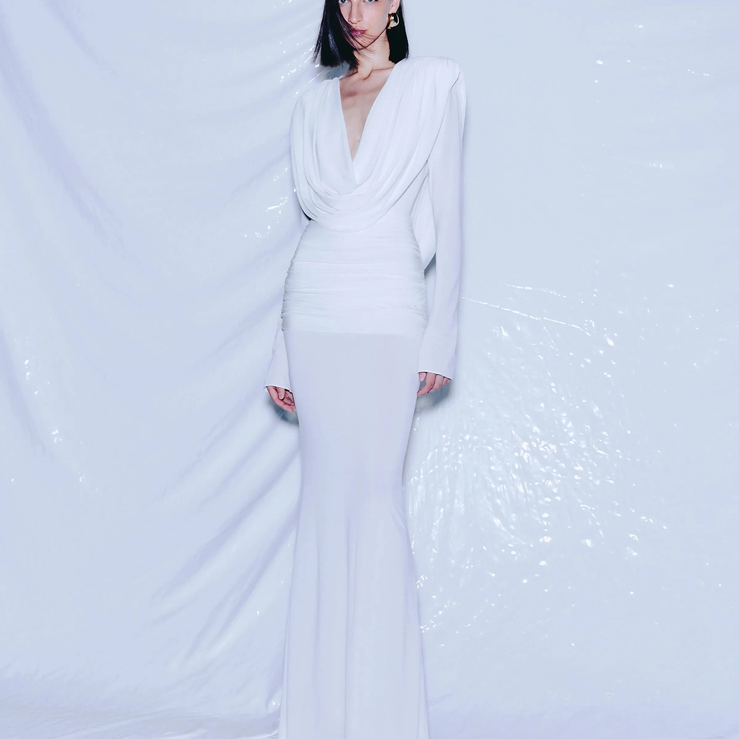 Women Celebrity Sexy Long Sleeve Deep V Neck Ruched White Maxi Long Gowns Dress 2025 Elegant Evening Party Club Vestido WHITE