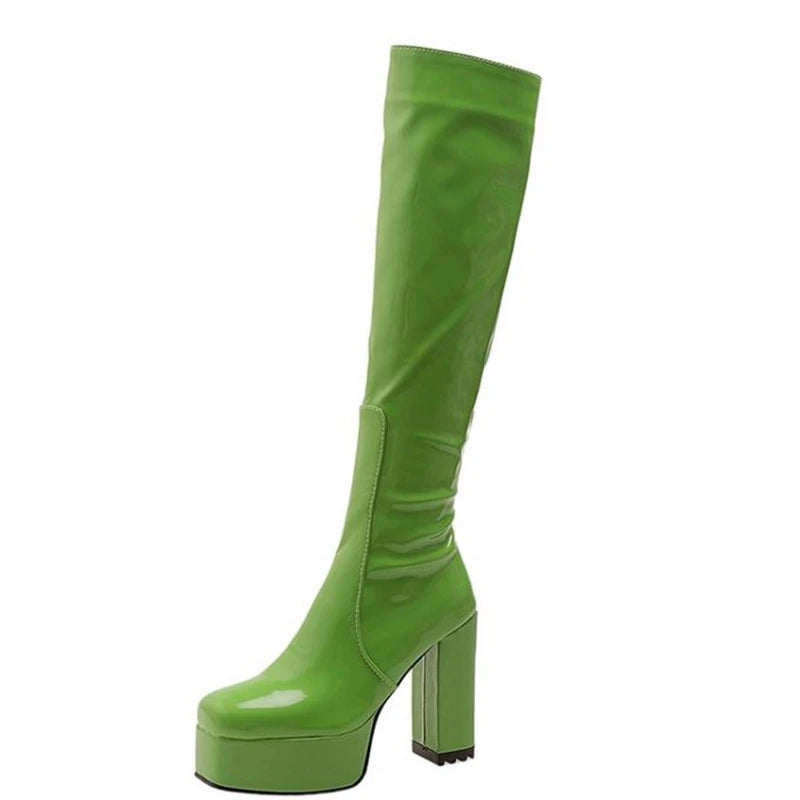 SIMLOVEYO Platform Knee High Boots Toe Block Heels Rubber Size 34-43 Black White Blue S2729 green