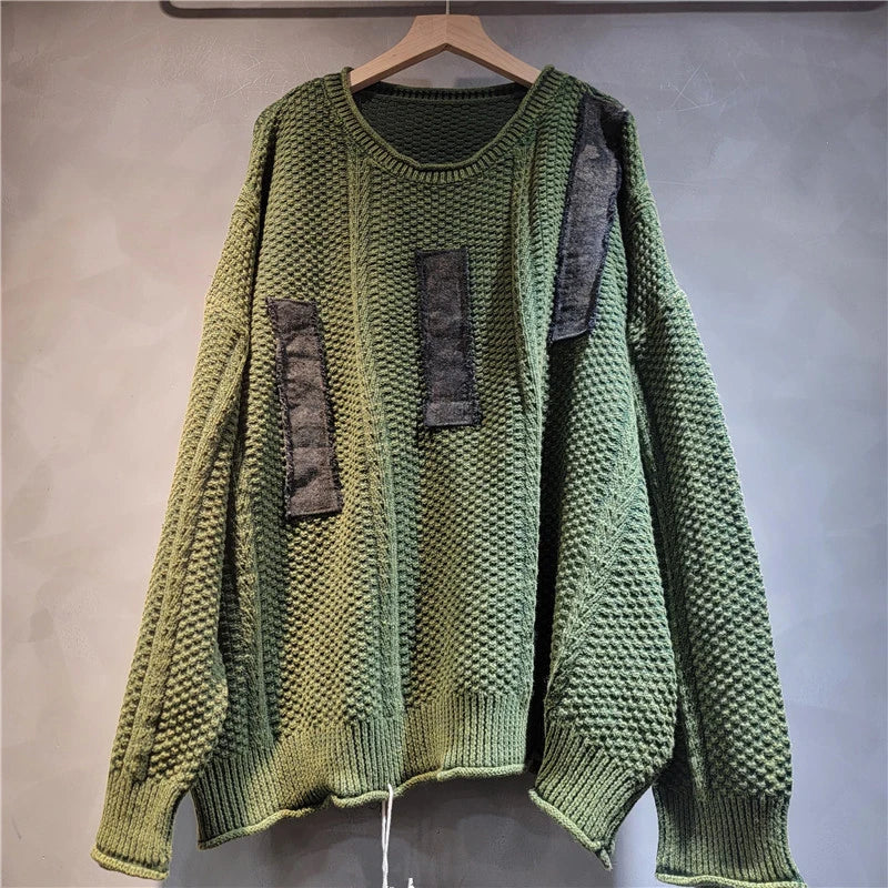 Autumn Winter Sweater Trendy Large Size Loose Casual Patchwork Splicing Top For Women Versatile Pullover 11A07533 Green One Size