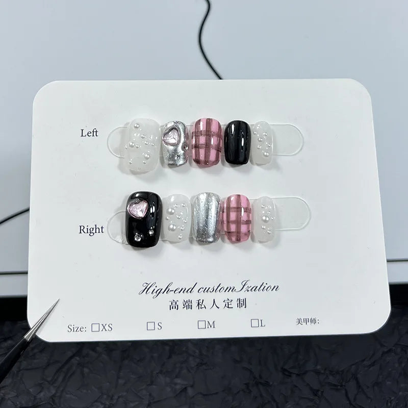 10Pcs Sweet Cool Black Pink Handmade False Nails Cat Eye Checkered Gel Nails with Glue Shimmery Heart Press on Acrylic Nail Tips 2 M