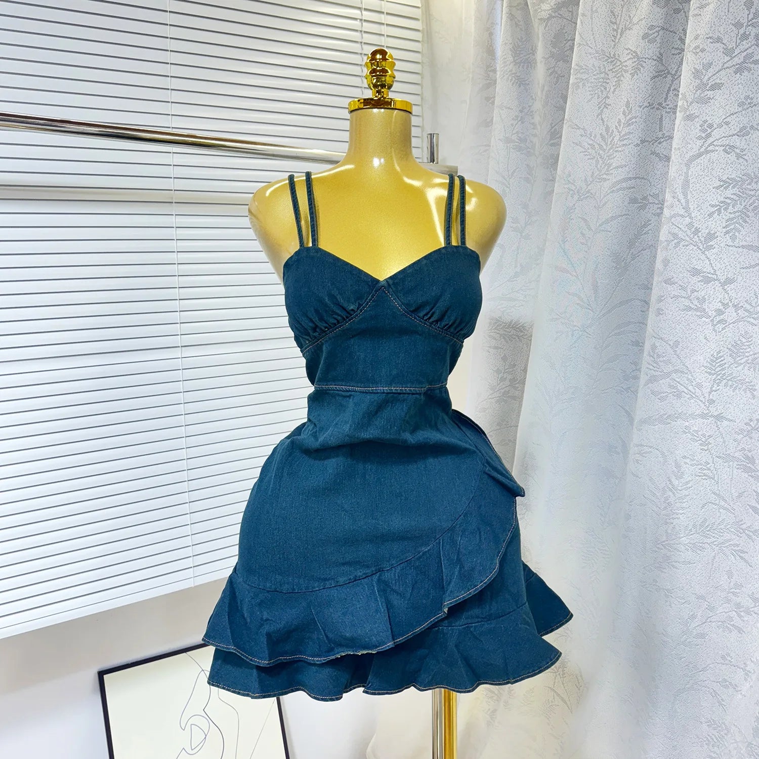 Women Spaghetti Strap V-neck Ruffles Hem Denim A-line Mini Dress 2025 Chic Birthday Night Club Party Vestidos Dresses Dark Blue