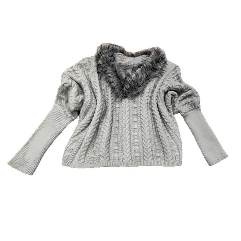 Autumn Winter New Fashion Design Knitted Sweater With Fur Collar Loose Twist Pullover For Women Trendy 11A07787