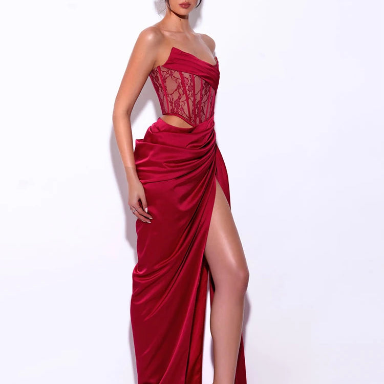 Cocktail Party Dress Women Sexy High Split Evening Clubwear Strapless Lace Patchwork Satin Long Dress Vestidos